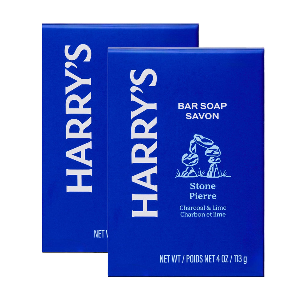Harry's front packaging showing Stone scent and two bars for easy selection