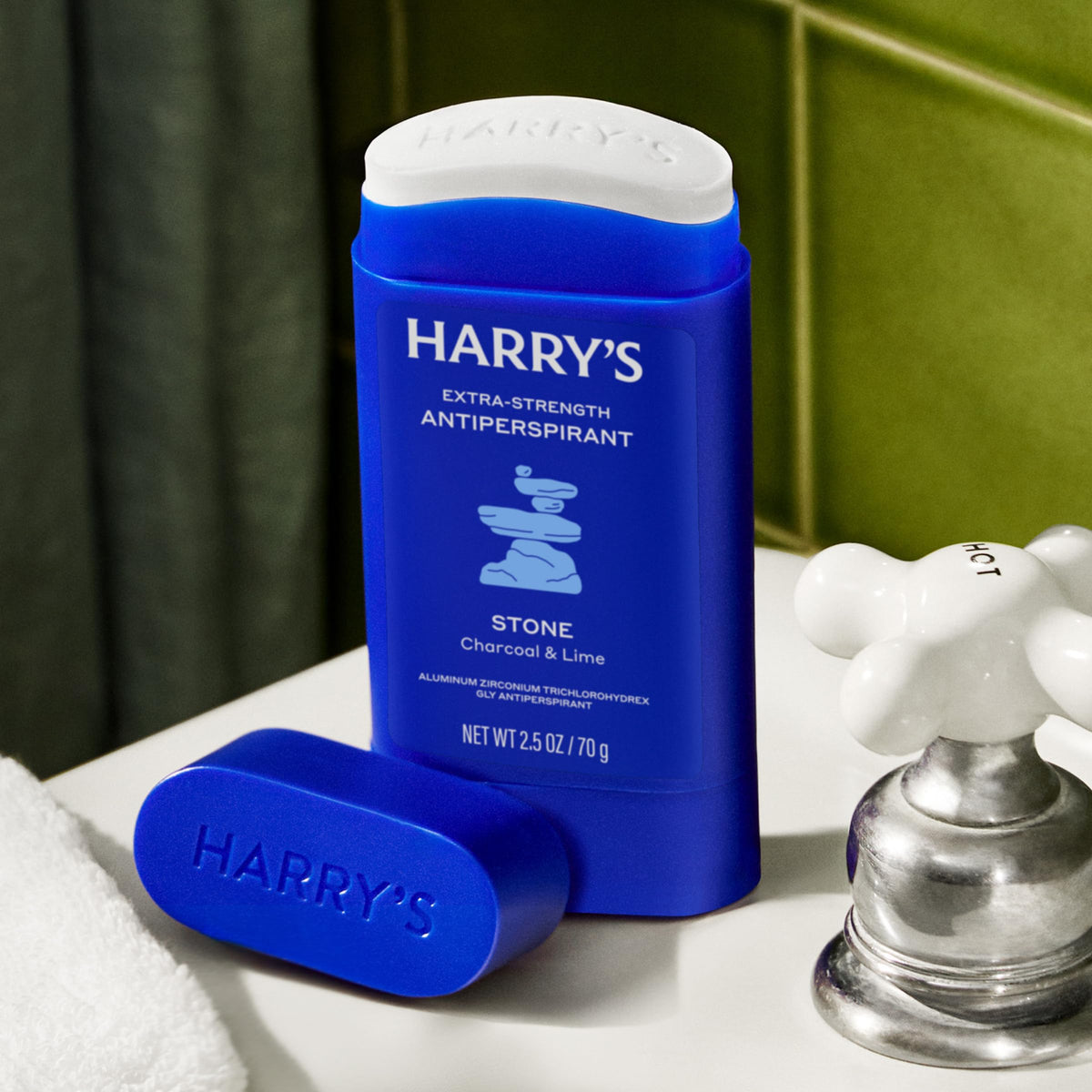 Close-up of Harry's Stone stick texture highlighting smooth quick-drying glide
