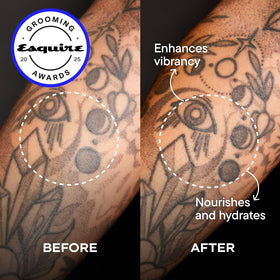 Harry’s Tattoo Frost applied to tattooed arm for quick cooling hydration