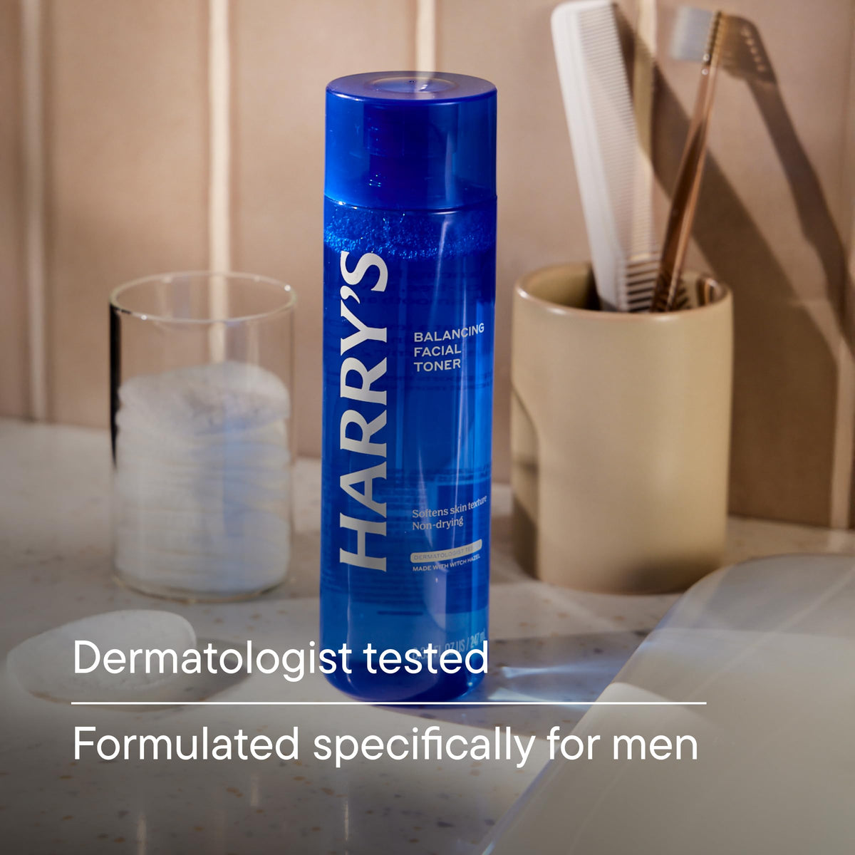 Harry's toner being applied in hand for quick skin prep benefit