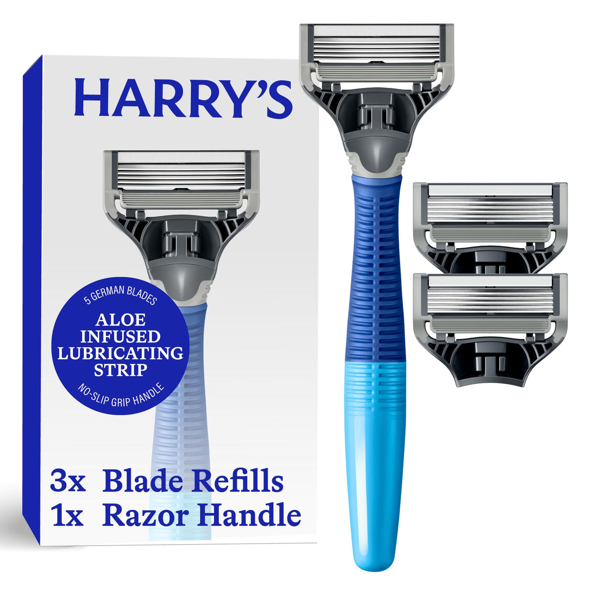 Harry's Truman handle ocean blue front view showing ergonomic grip and balanced control