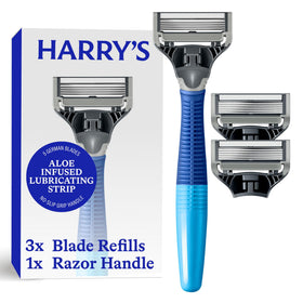 Harry's Truman handle ocean blue front view showing ergonomic grip and balanced control