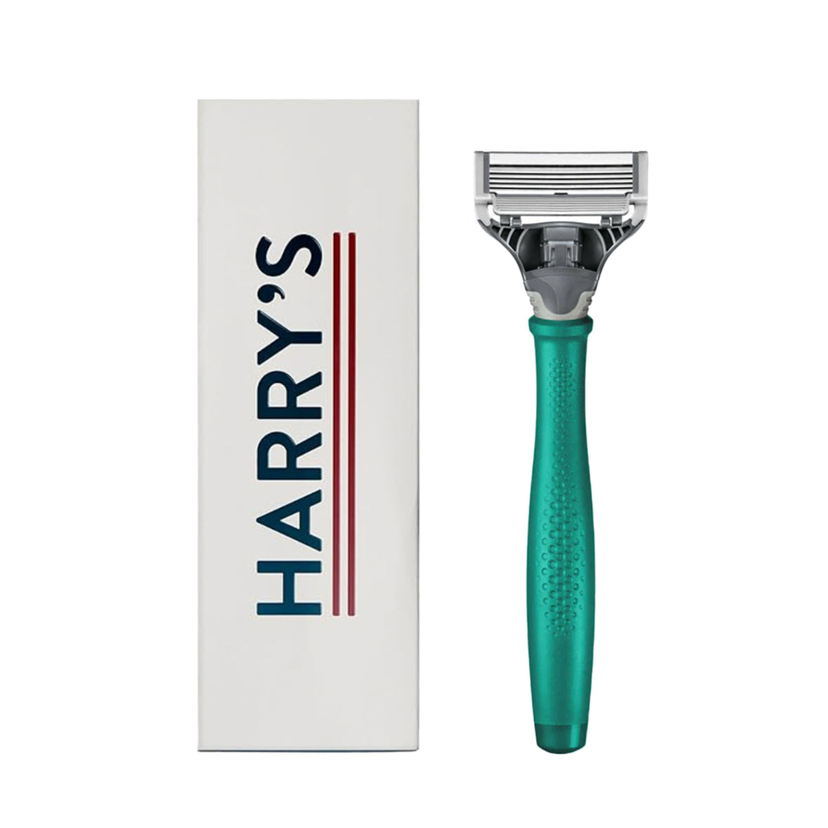 Harry's Truman razor tropical green front view showing handle and included items for controlled shave