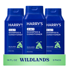 Harry's front packaging showing Wildlands scent bottles and benefits
