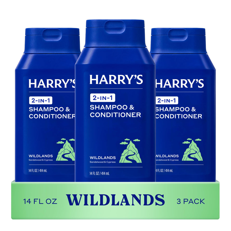 Harry's front packaging showing Wildlands scent bottles and benefits