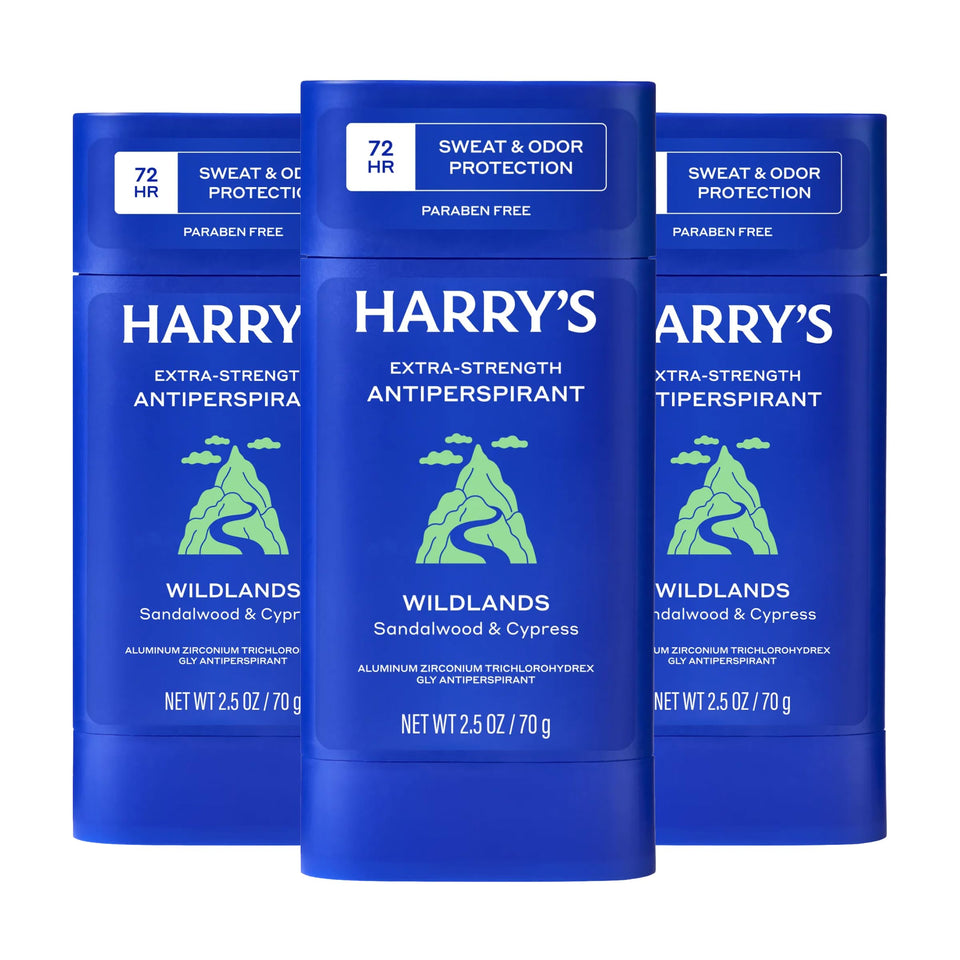 Harry's front packaging showing Wildlands scent and reliable 72-hour protection