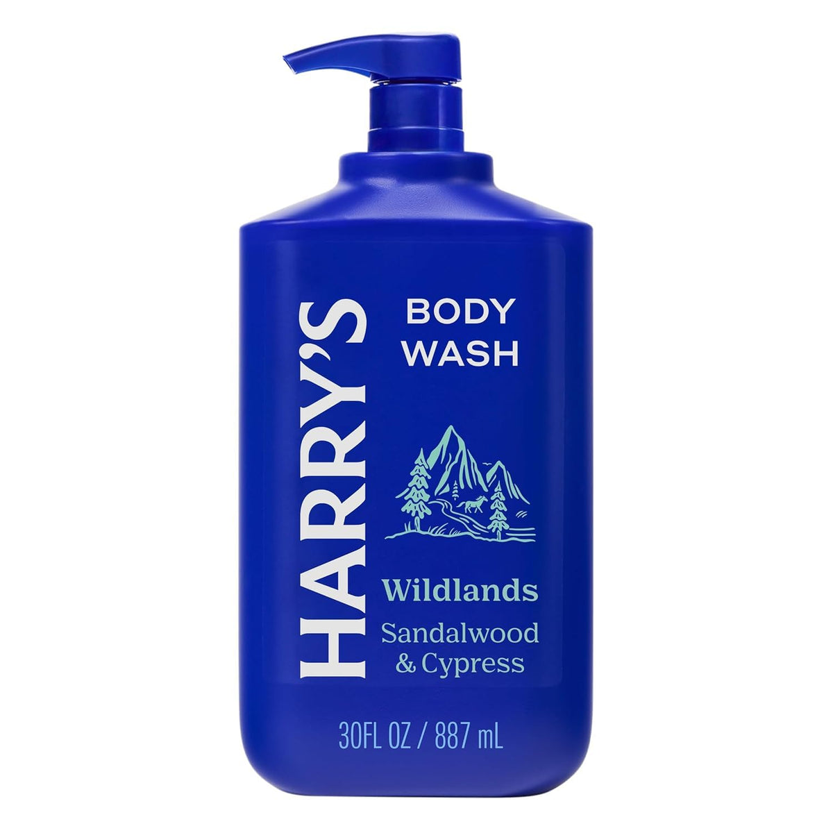 Harry's Wildlands front pump bottle showing brand and volume and easy dispensing
