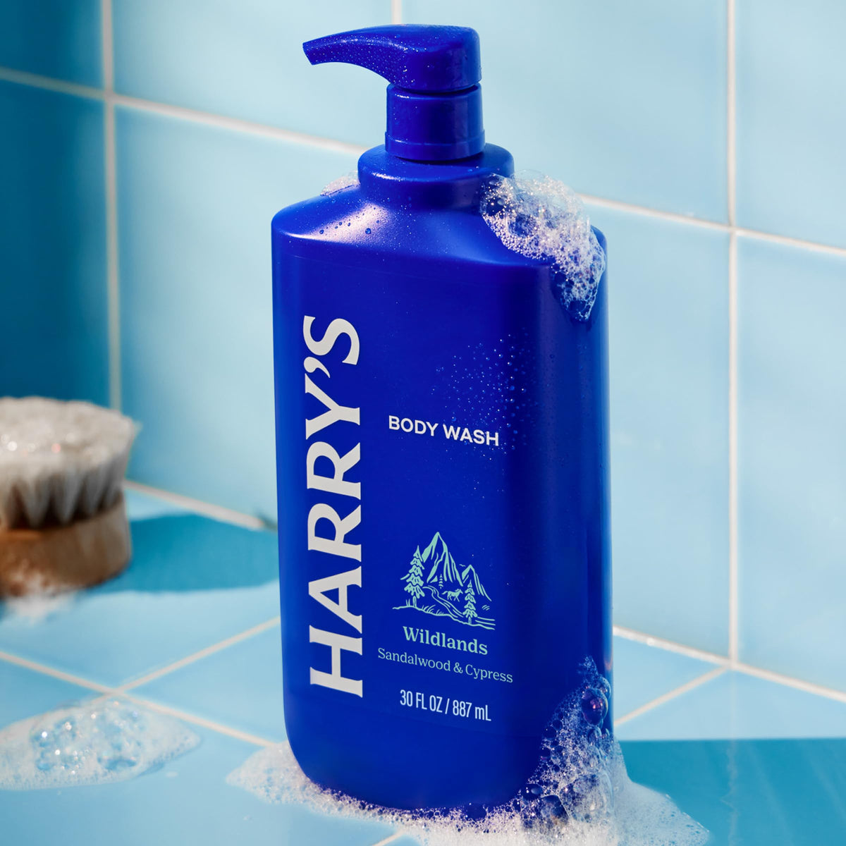 Harry's Wildlands pump action dispensing gel onto palm for convenient one-handed use