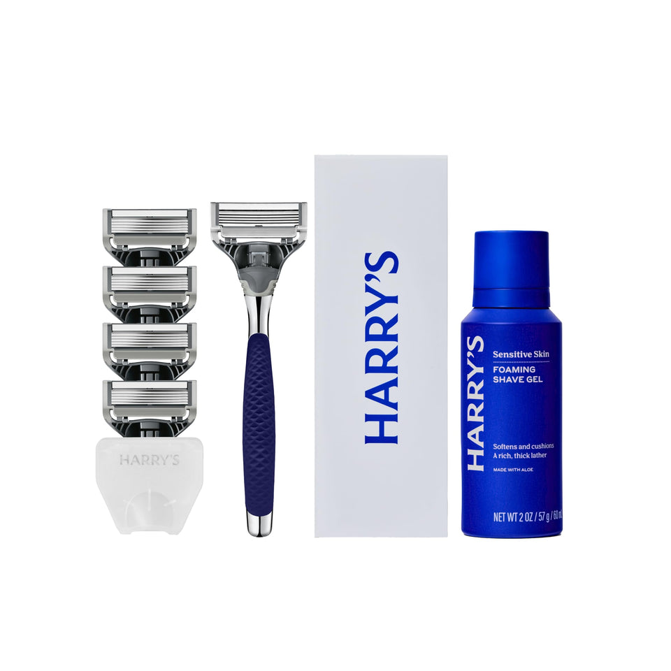 Harry's Winston razor front view showing chrome finish and ergonomic grip for control