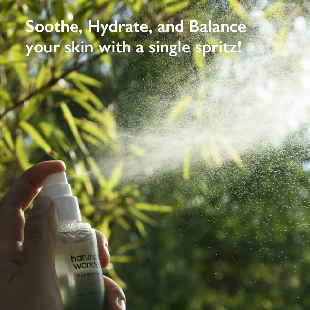HARUHARU mist next to a phone showing 5.07 fl oz travel-friendly size