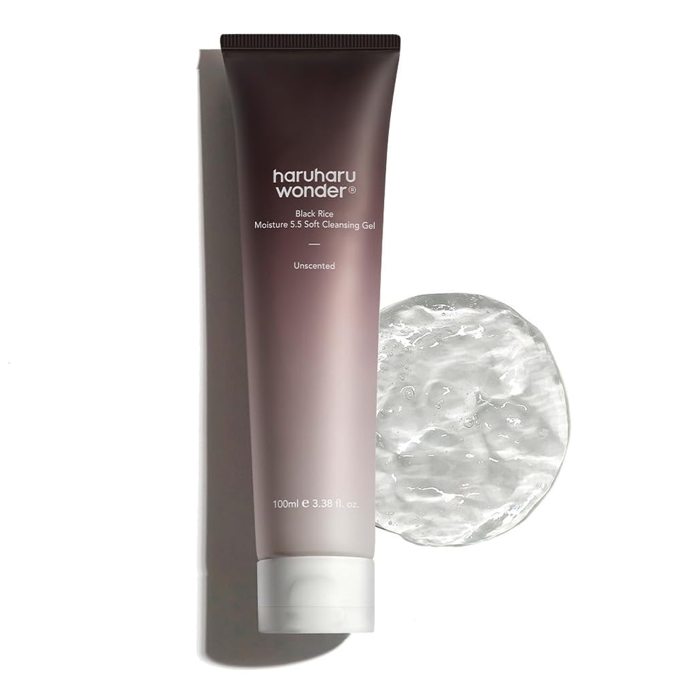 HARUHARU front packaging showing gentle daily black rice cleansing gel benefit: moisture balance