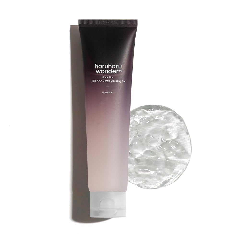 HARUHARU front packaging of black rice triple AHA gentle cleansing gel showing label and tube benefit