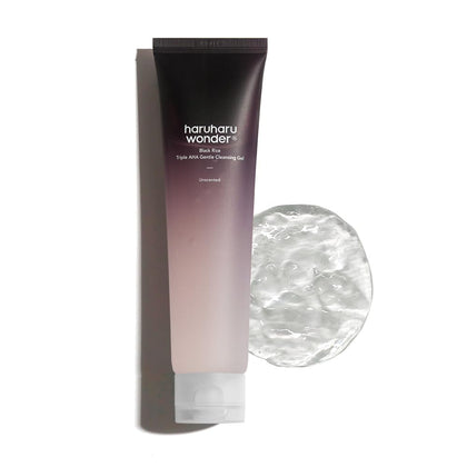 HARUHARU front packaging of black rice triple AHA gentle cleansing gel showing label and tube benefit