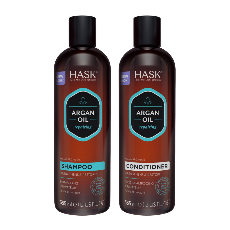 HASK argan oil front packaging showing both 12oz bottles and brand benefits
