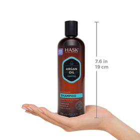 HASK argan oil shampoo and conditioner in shower being applied for results