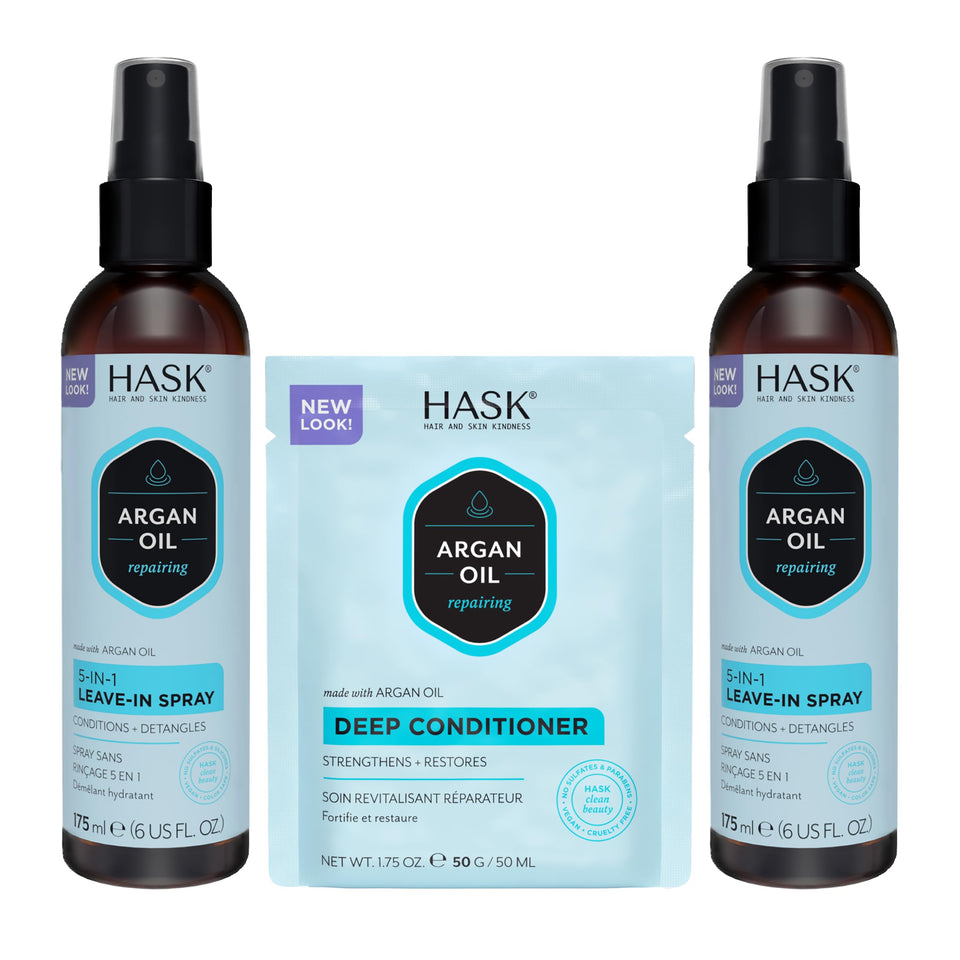 HASK duo front packaging showing two sprays and packette for complete care