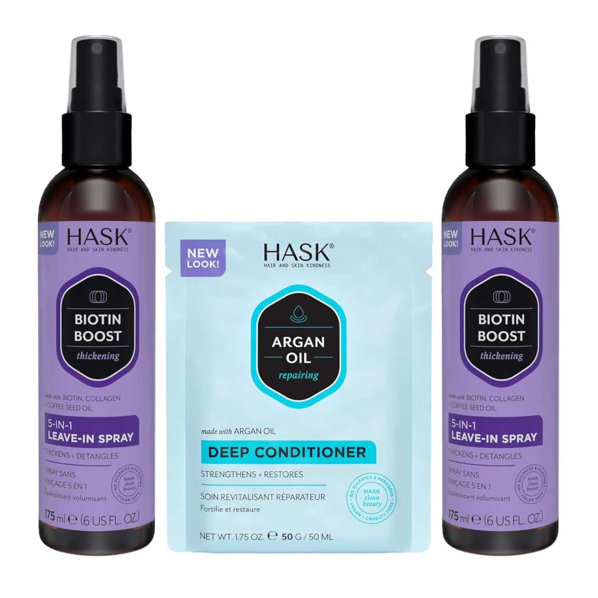 HASK argan oil leave-in front packaging showing product benefits and size