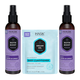 HASK argan oil leave-in front packaging showing product benefits and size