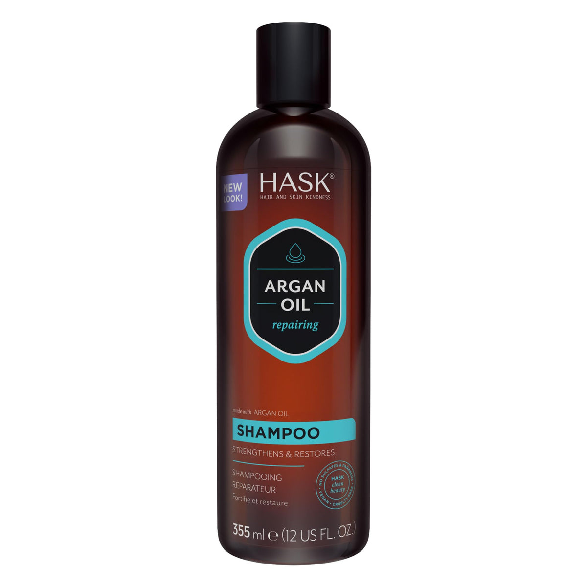 HASK shampoo front packaging showing bottle and label benefit