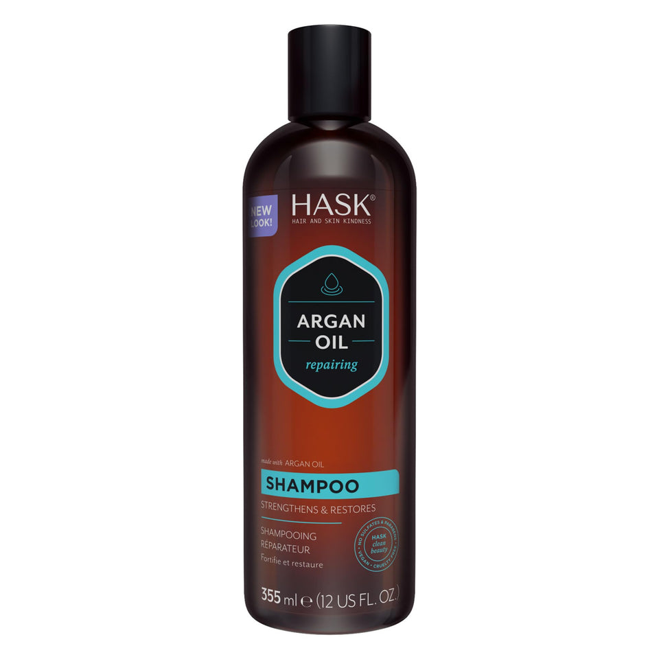 HASK shampoo front packaging showing bottle and label benefit