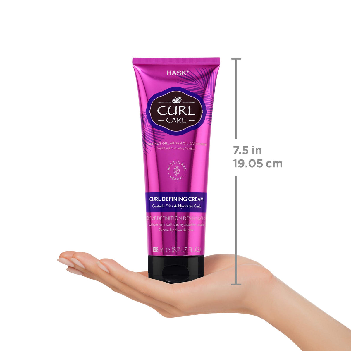 HASK cream used on model with defined curls showing frizz control