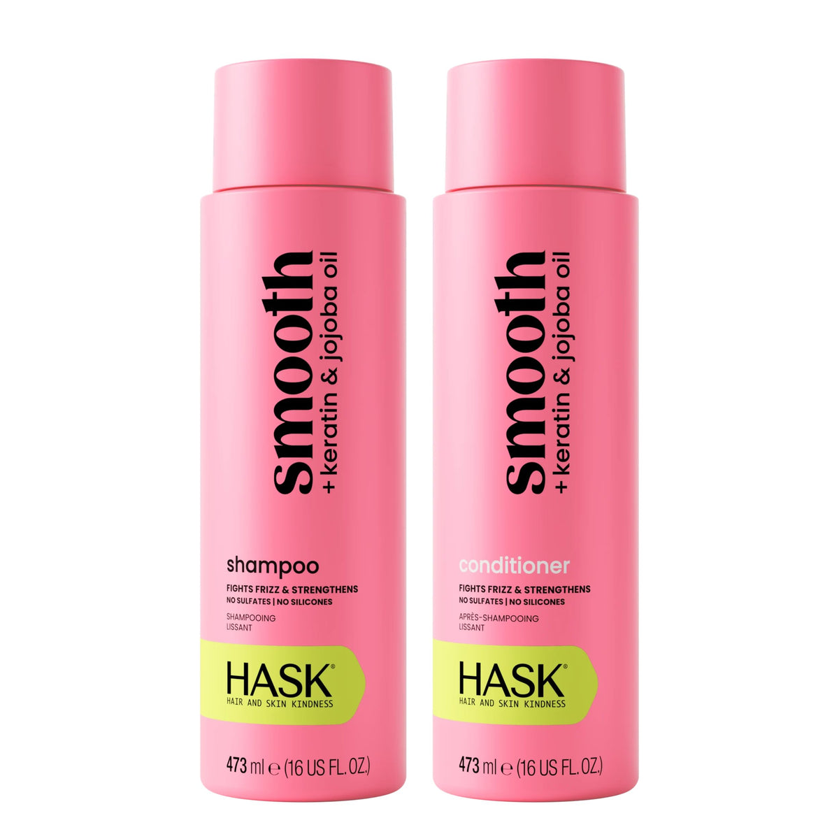 HASK front bottles showing shampoo and conditioner for frizz control and shine
