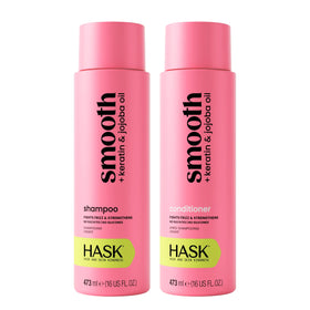 HASK front bottles showing shampoo and conditioner for frizz control and shine