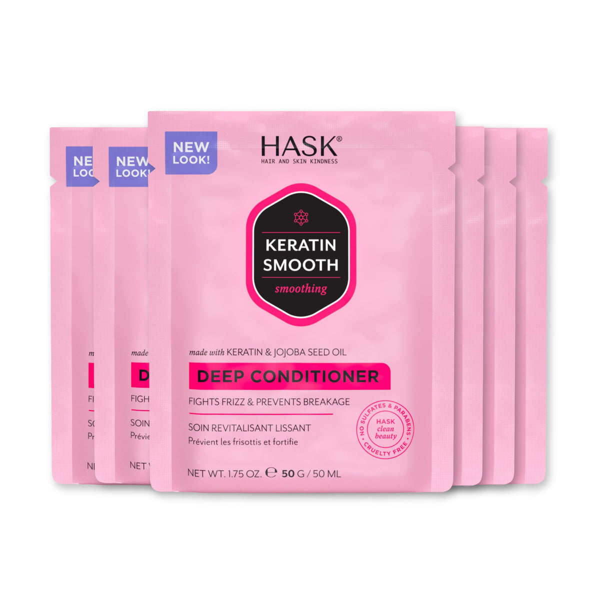 HASK keratin front packaging showing six-treatment pack and smoothing benefit