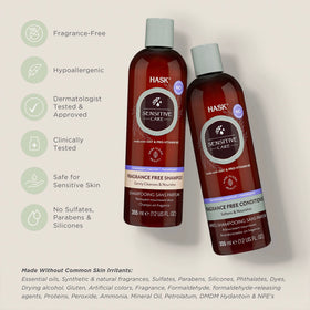HASK bottle close-up of label showing fragrance-free benefit and clear formula