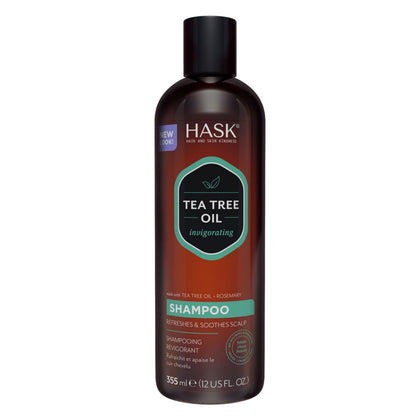 HASK front packaging of shampoo showing bottle and brand benefits