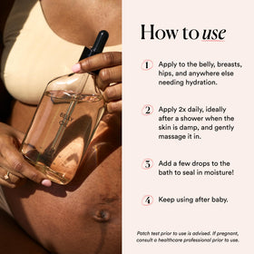 HATCH oil being massaged on a pregnant belly to soothe and hydrate