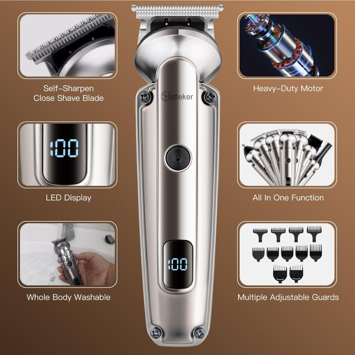 Hatteker array of interchangeable heads and guide combs offering versatile length options