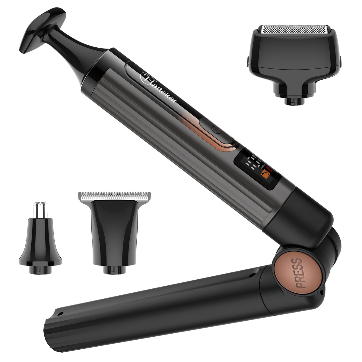 Hatteker front view with all four heads and guide combs showing easy versatility