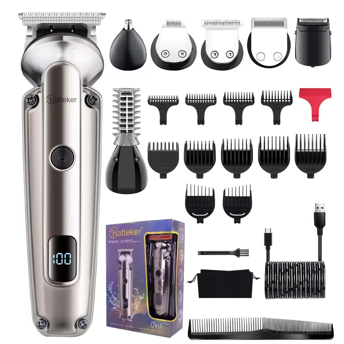 Hatteker front view of the full 7-in-1 grooming kit showing included parts and pouch