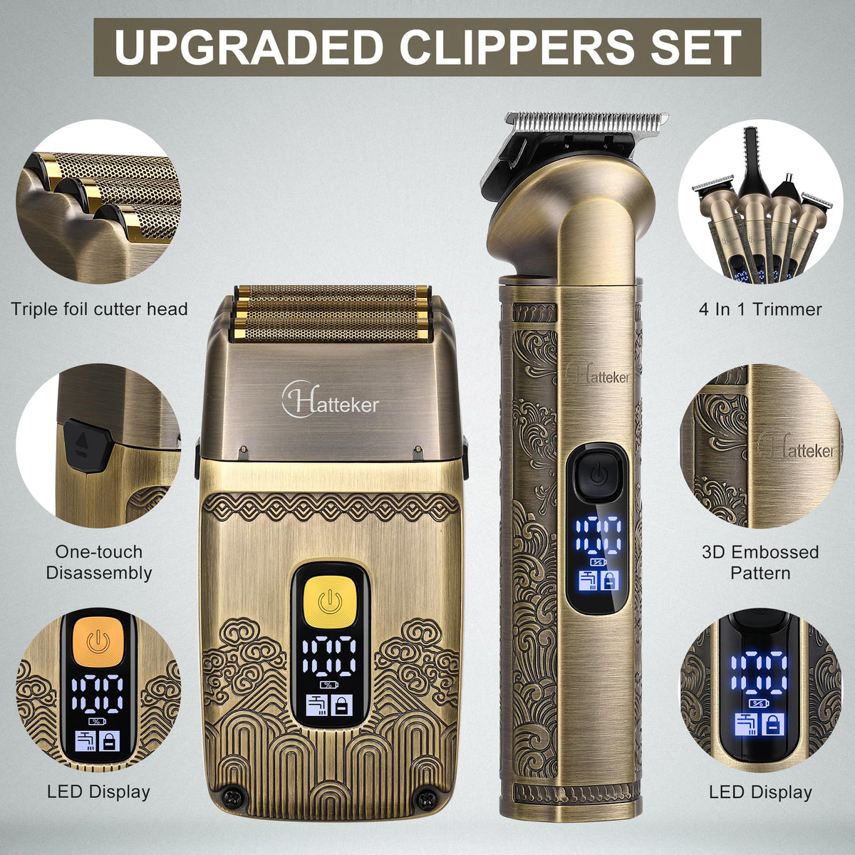 Hatteker triple foil shaver top view highlighting foils for a smooth, close finish