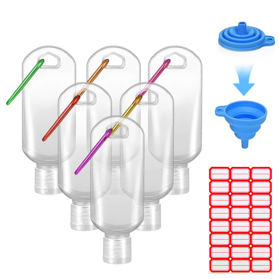 HATTIE front view of six clear keychain bottles showing organized travel convenience