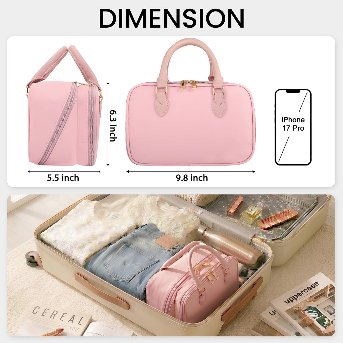 HauteHues on bathroom vanity styled with cosmetics for travel-ready convenience