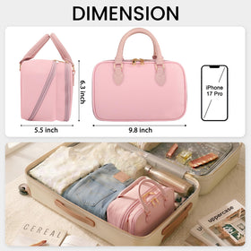 HauteHues on bathroom vanity styled with cosmetics for travel-ready convenience