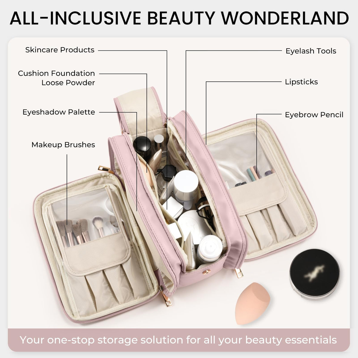HauteHues opened bag revealing three compartments and organized pockets