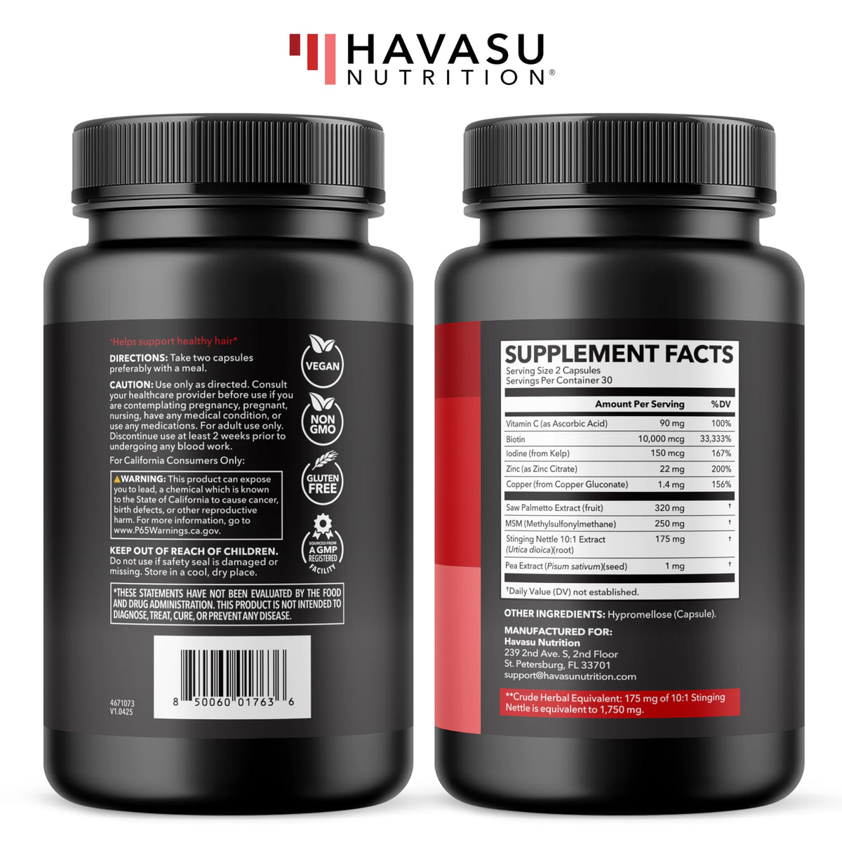 HAVASU NUTRITION bottle open top view showing capsule color and 30-serving supply