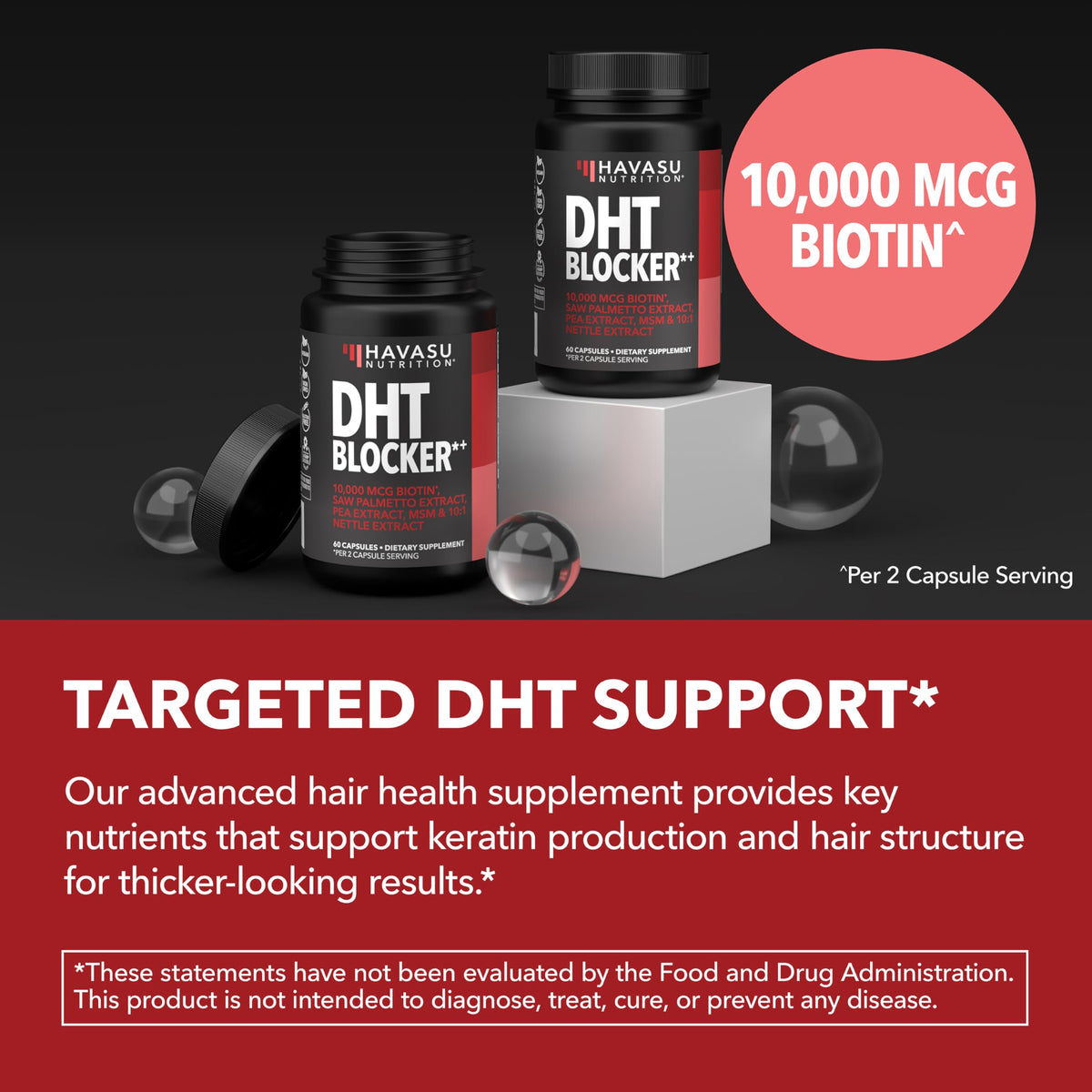 HAVASU NUTRITION biotin vial visualizing high 10,000mcg dose to support keratin structure