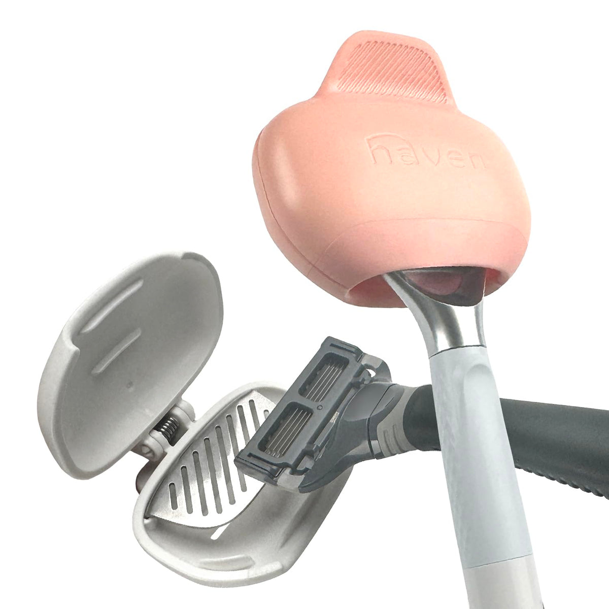 Haven clip on razor protector front pack showing two colors and protective benefit