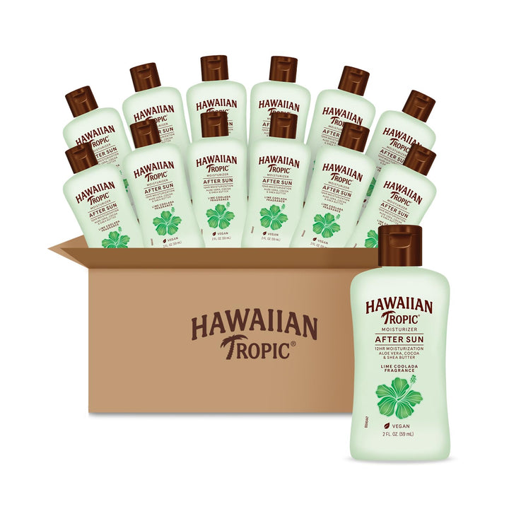 Hawaiian Tropic front packaging showing 12 mini bottles and travel convenience