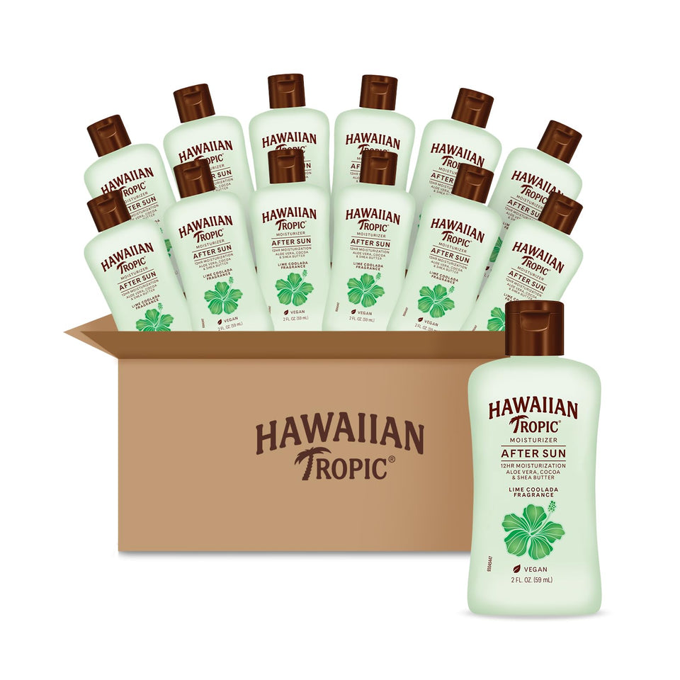 Hawaiian Tropic front packaging showing 12 mini bottles and travel convenience