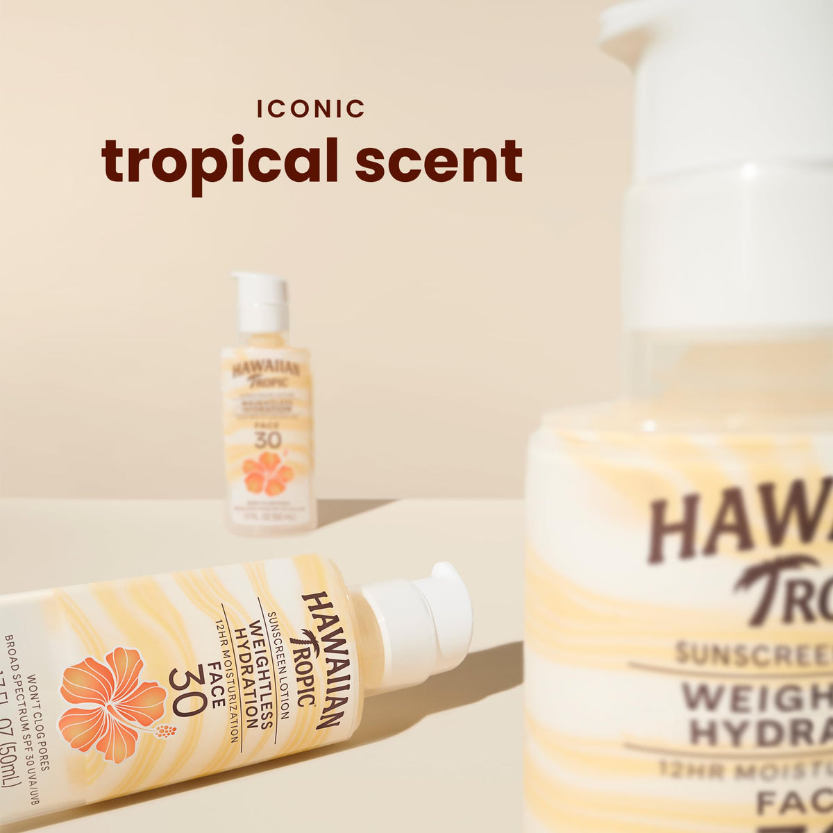 Hawaiian Tropic airless pump close-up highlighting spill-free, controlled application benefit