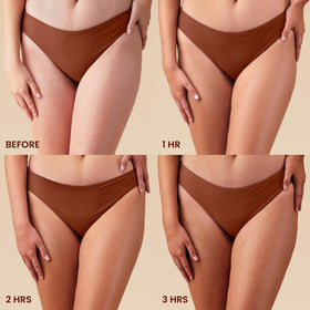 Hawaiian Tropic before and after legs showing gradual bronze