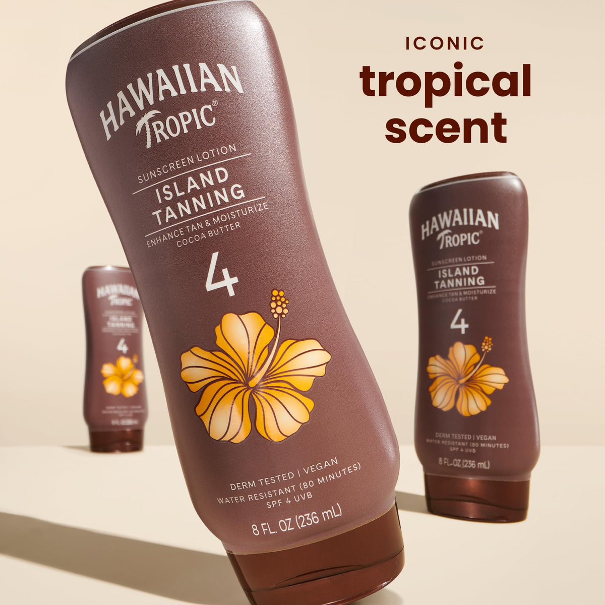 Hawaiian Tropic bottle closeup label showing ingredients and transparency benefit