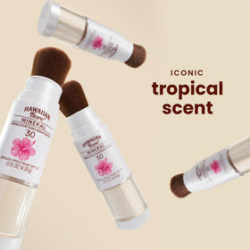 Hawaiian Tropic brush head close-up demonstrating soft bristles for even powder application