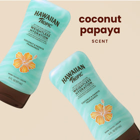 Hawaiian Tropic lotion texture close-up showing lightweight absorption benefit
