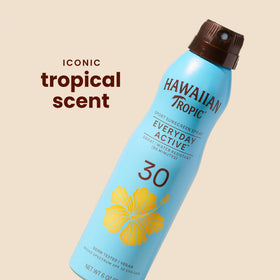 Hawaiian Tropic continuous spray nozzle close-up showing easy fast application benefit
